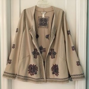 CJ Banks tan blue embroidered boho floral open cardigan top, 2 pockets, size 2X